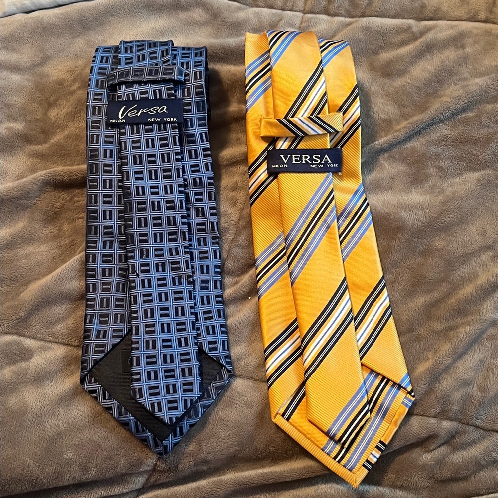 Blue Geometric and Yellow Striped Men's Tie Set